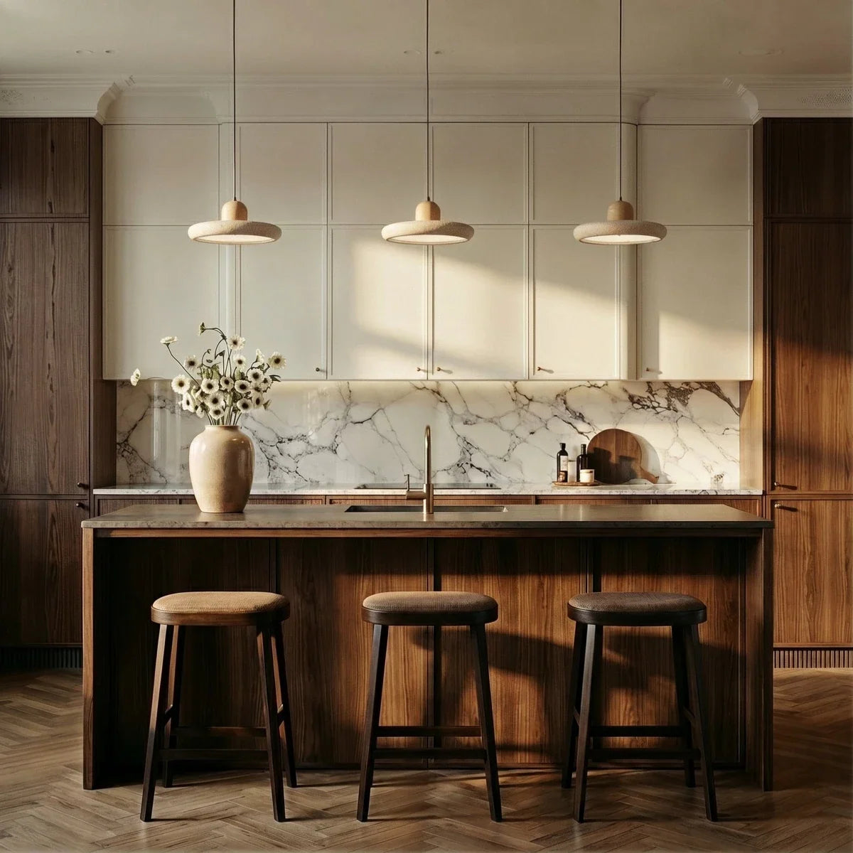 Three Clérachic travertine disc pendants in a row above a walnut kitchen island, with stools and a marble splashback.