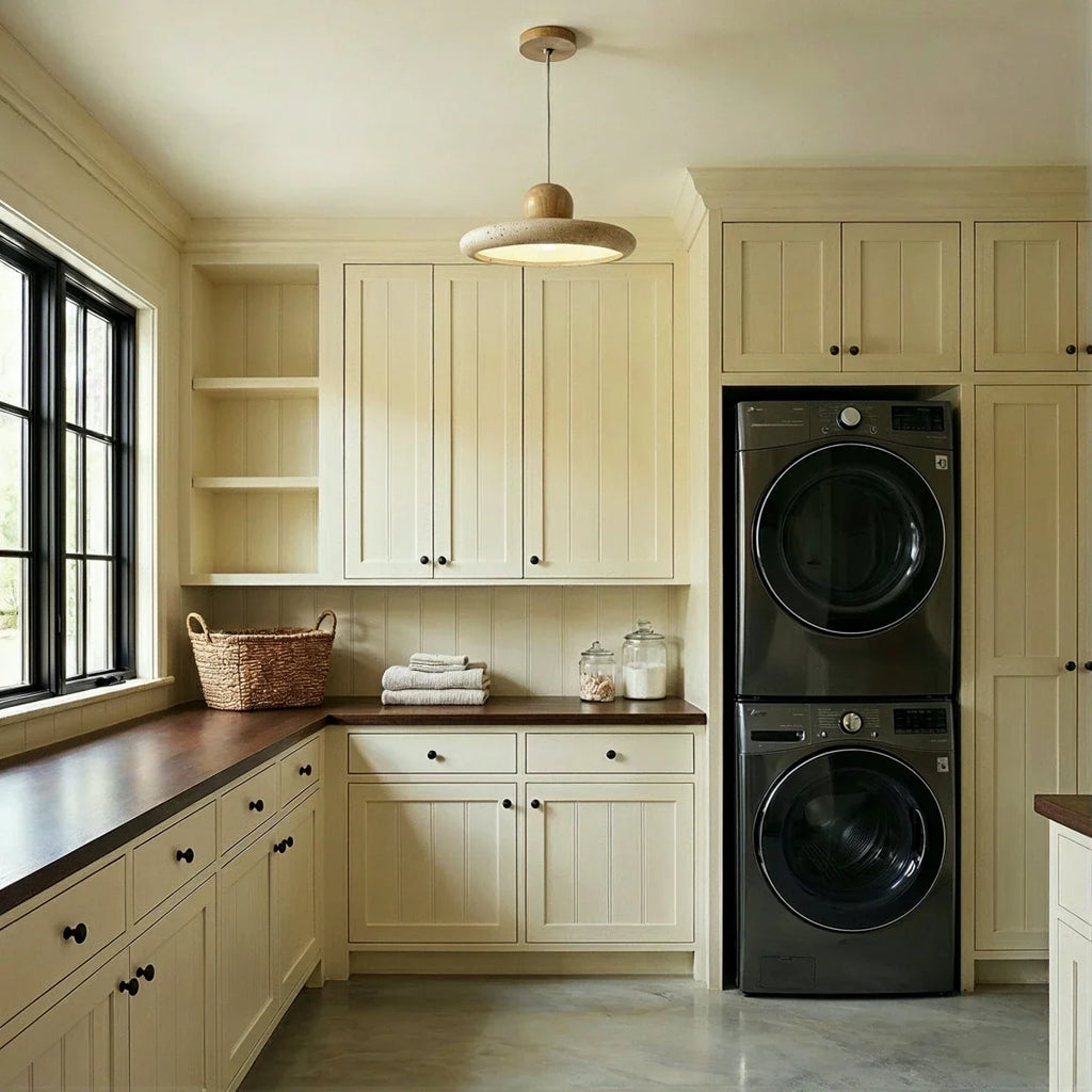 Clérachic travertine disc pendant glowing in a cream utility room with panelled cabinets, a woven basket and a window.