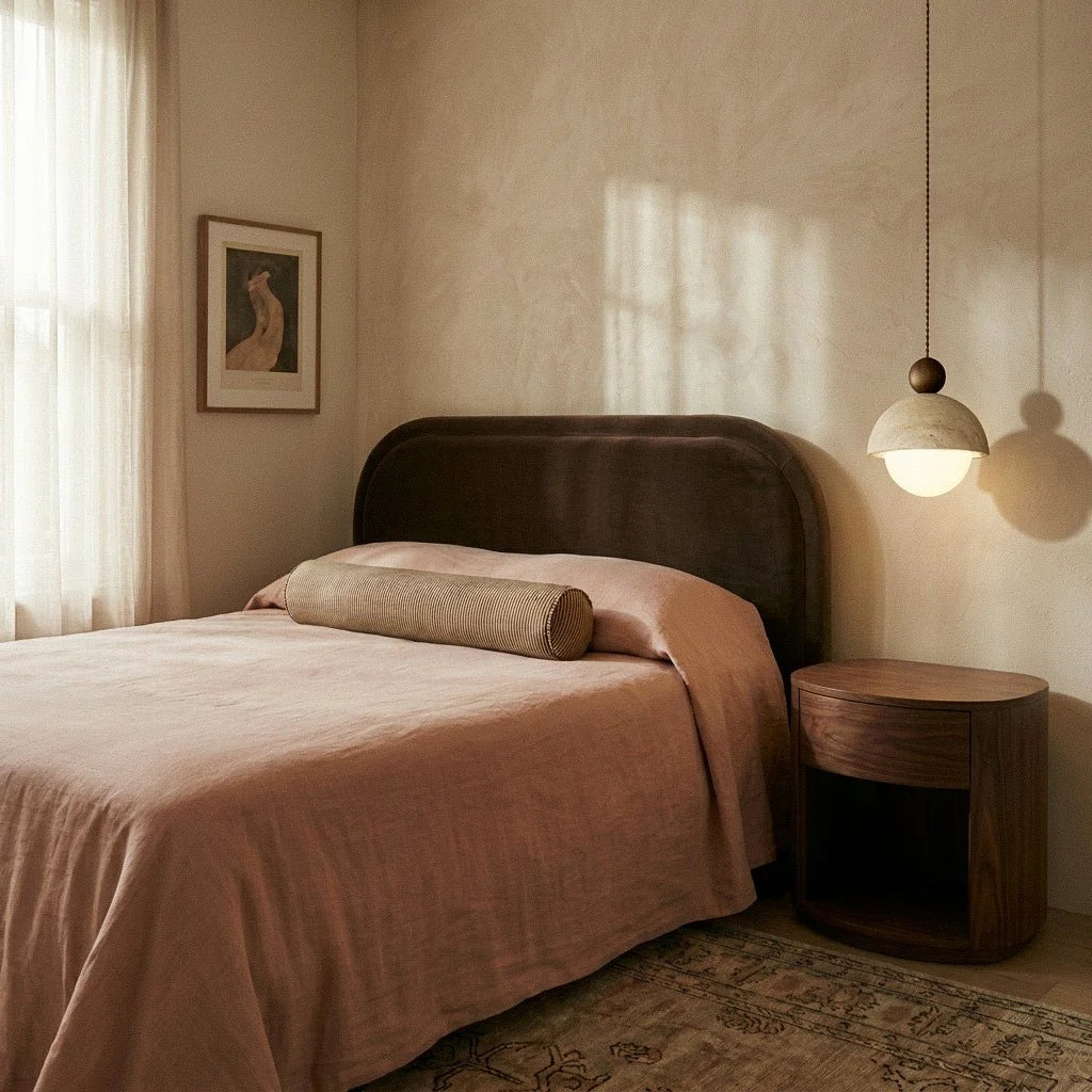 A Clérachic pendant light glows beside a bed with dusty pink linens and a walnut nightstand.