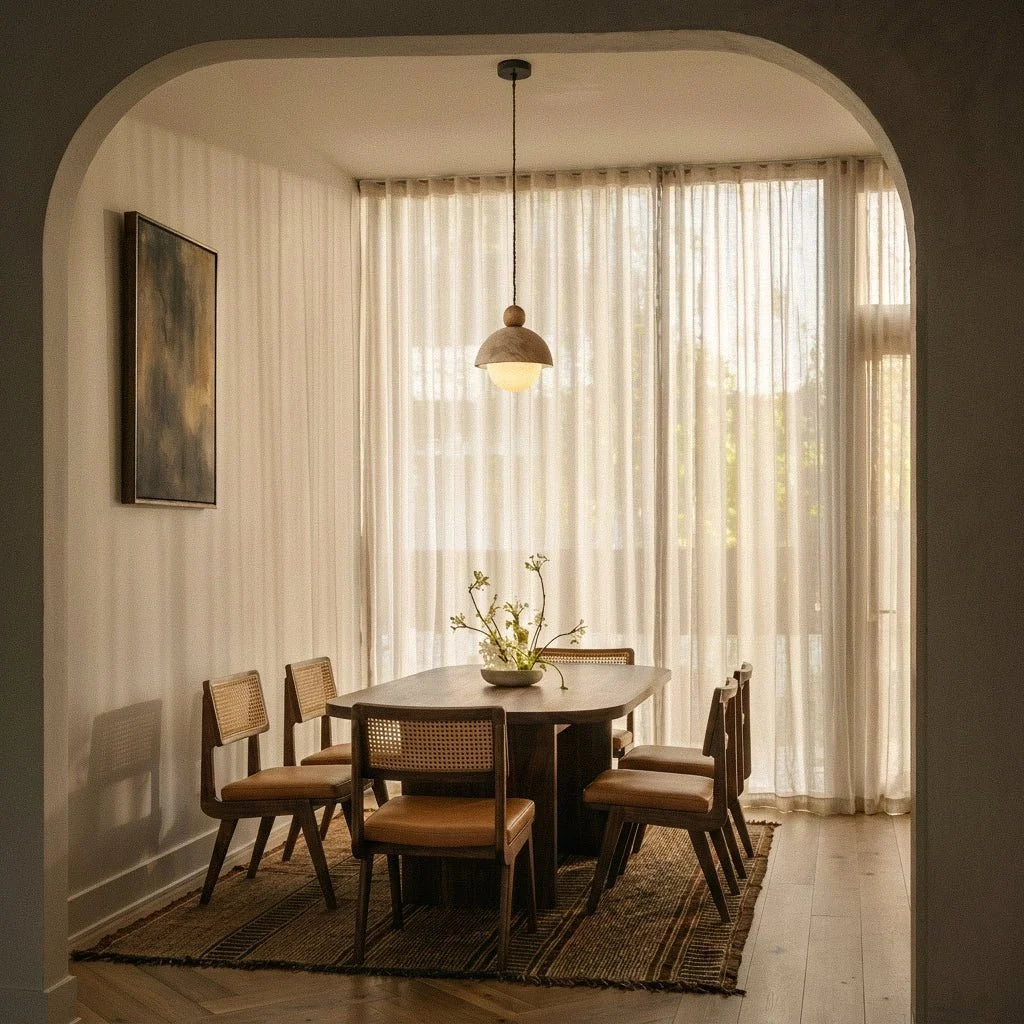 A Clérachic pendant light hangs over a wooden dining table with cane-back chairs in a sunlit arched alcove.