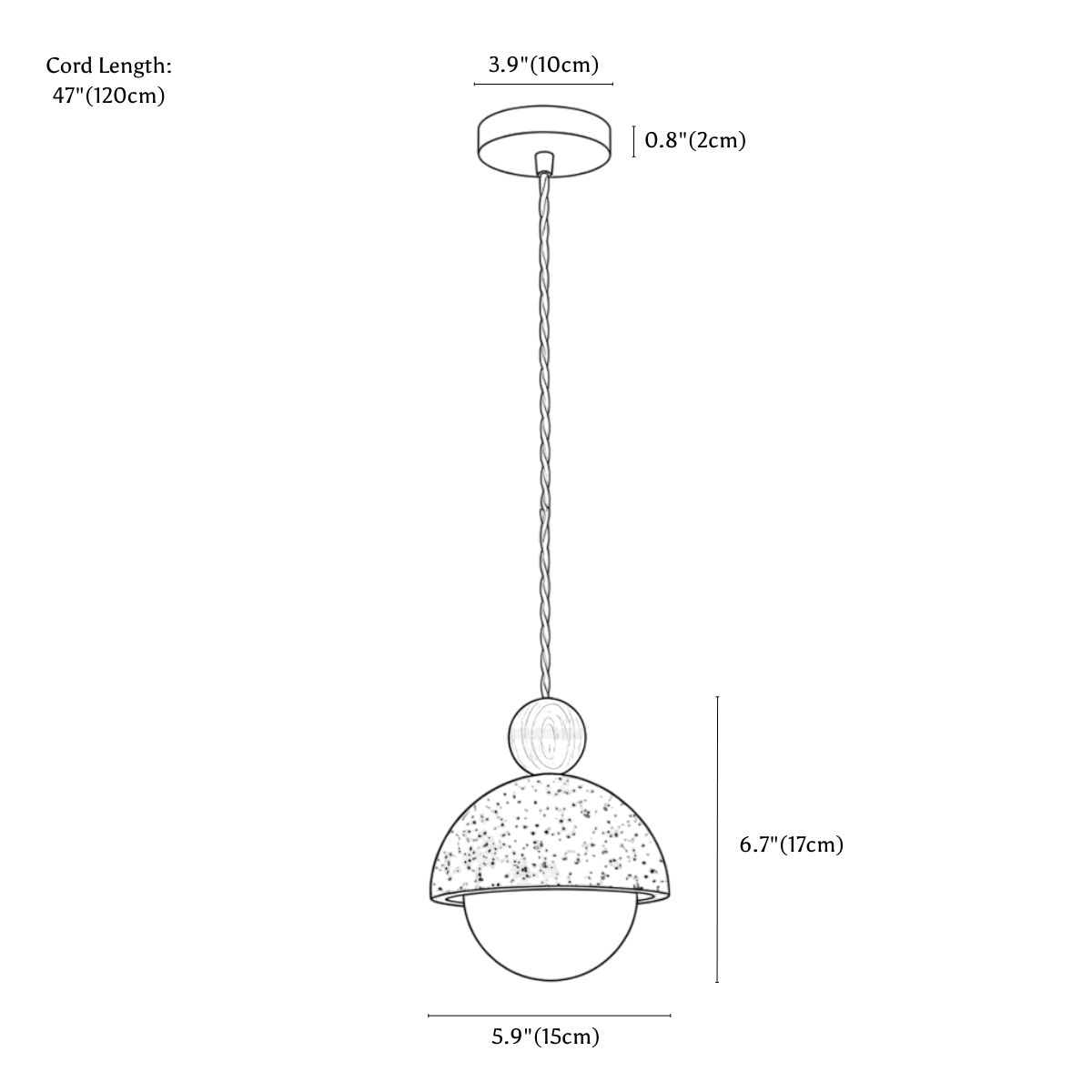 Clérachic pendant light dimension drawing, every measurement marked in centimetres and inches.