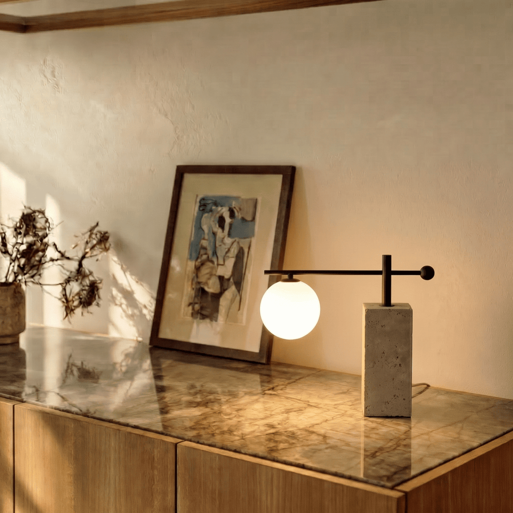 A Clérachic table lamp glows on a marble-topped console beside a framed abstract painting.