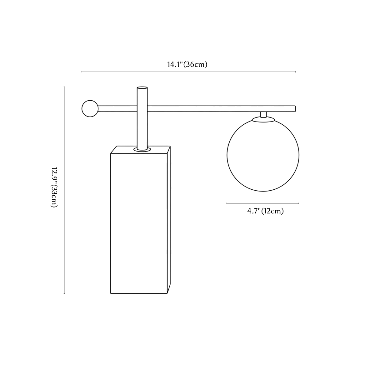 Clérachic table lamp dimension drawing, every measurement marked in centimetres and inches.