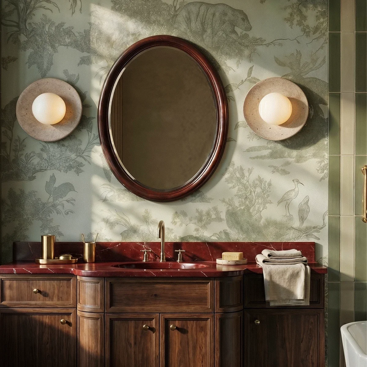 Clérachic pair of round travertine wall lights flanking an oval mirror above a bathroom vanity, on sage toile wallpaper.
