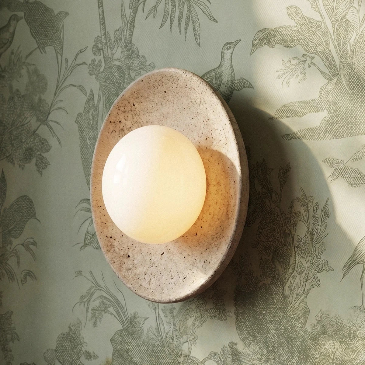 Clérachic travertine wall light with a glowing opal globe, seen at an angle against sage green botanical wallpaper.