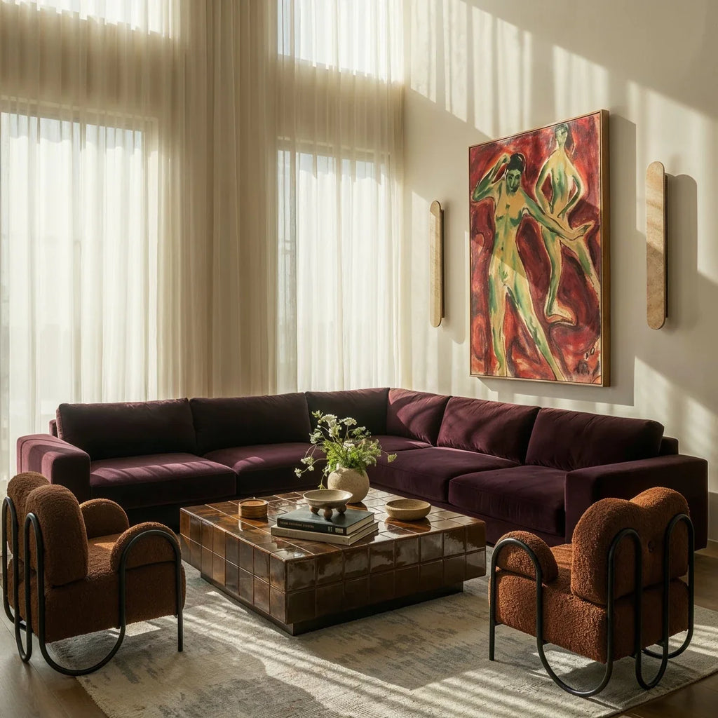 Clérachic pair of cream travertine wall lights beside a framed painting above a plum sofa in a sunlit living room.