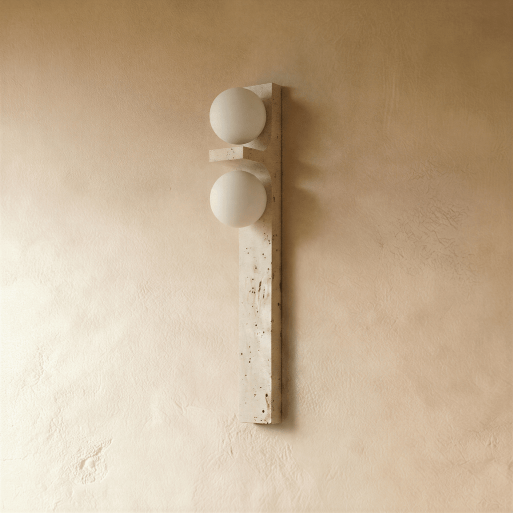 Clérachic travertine wall lamp switched off, showing two matt white glass globes and the pitted cream stone bar on plaster.