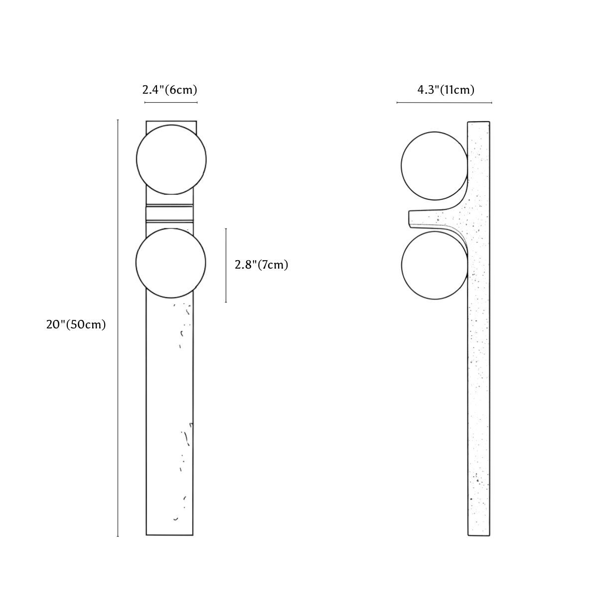 Clérachic wall light dimension drawing, every measurement marked in centimetres and inches.