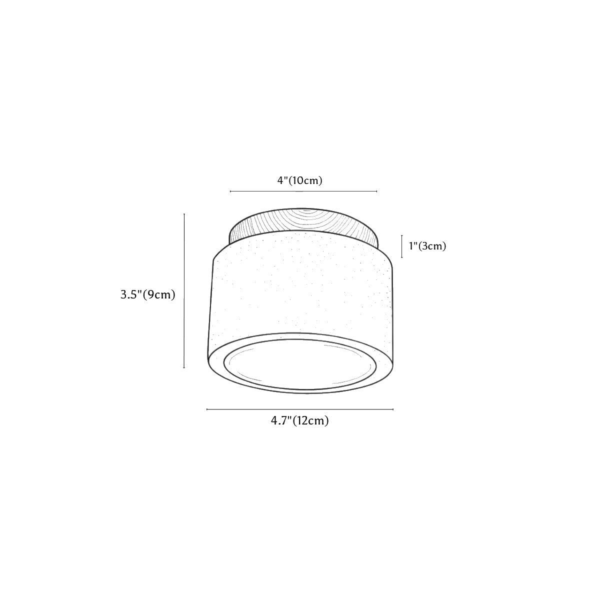 Clérachic ceiling light dimension drawing, 12 × 9 cm 10 W, every measurement marked in centimetres and inches.