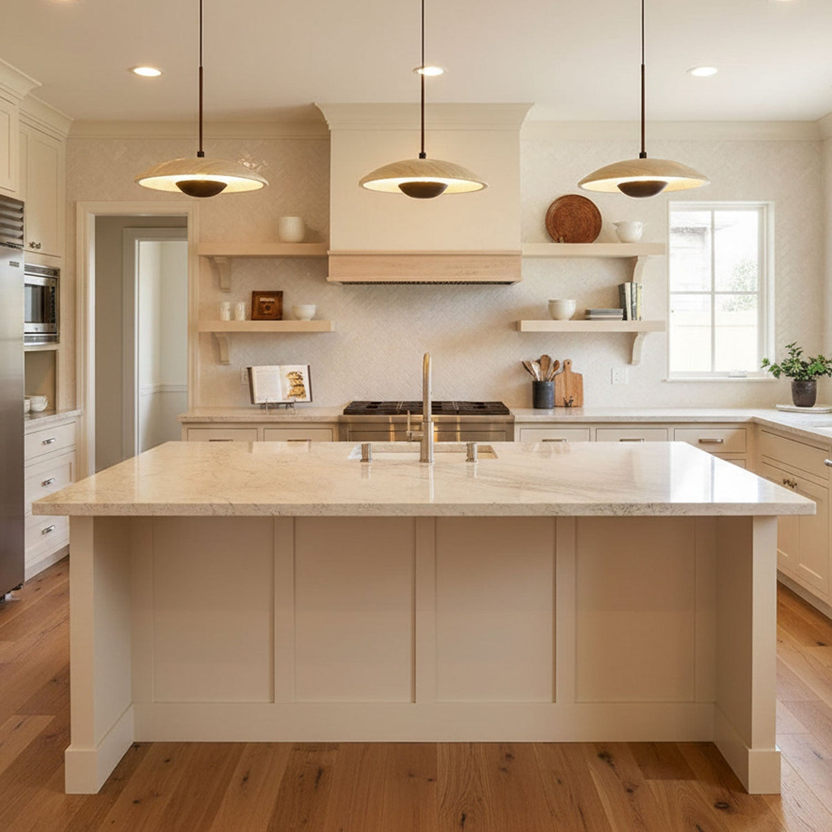 Three Clérachic pendants with wide stone shades hang in a row above a cream kitchen island and wooden floor.