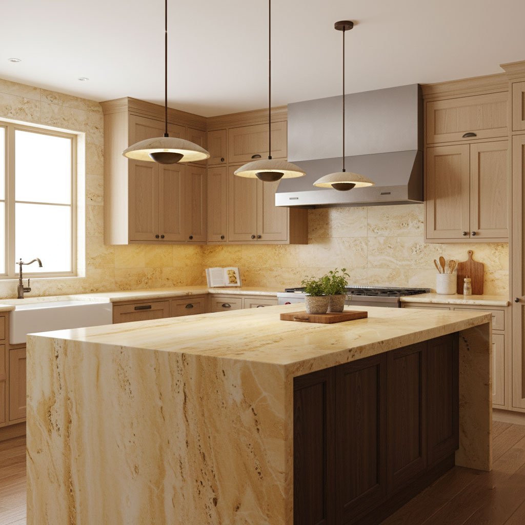 Three Clérachic pendants hang at staggered heights over a golden travertine island in a warm wood kitchen.