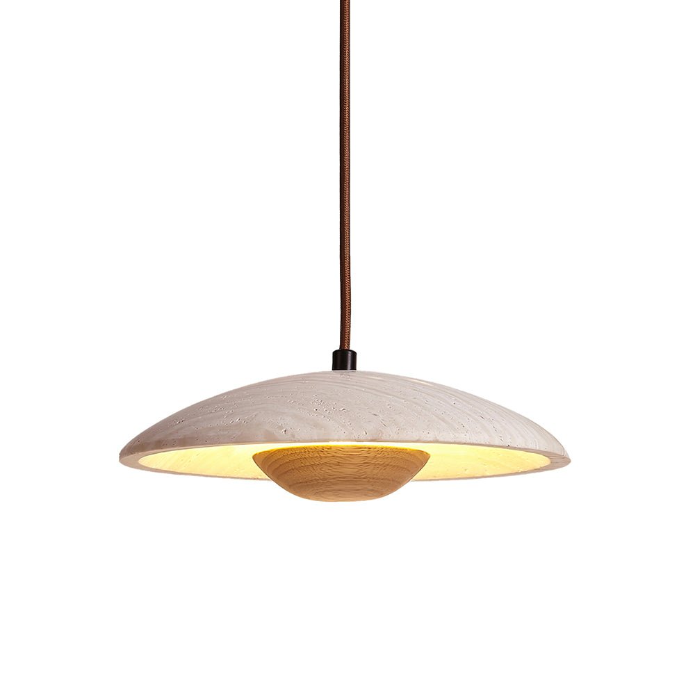 Clérachic travertine pendant with a light wood bowl below the stone shade, cut out on a white background.