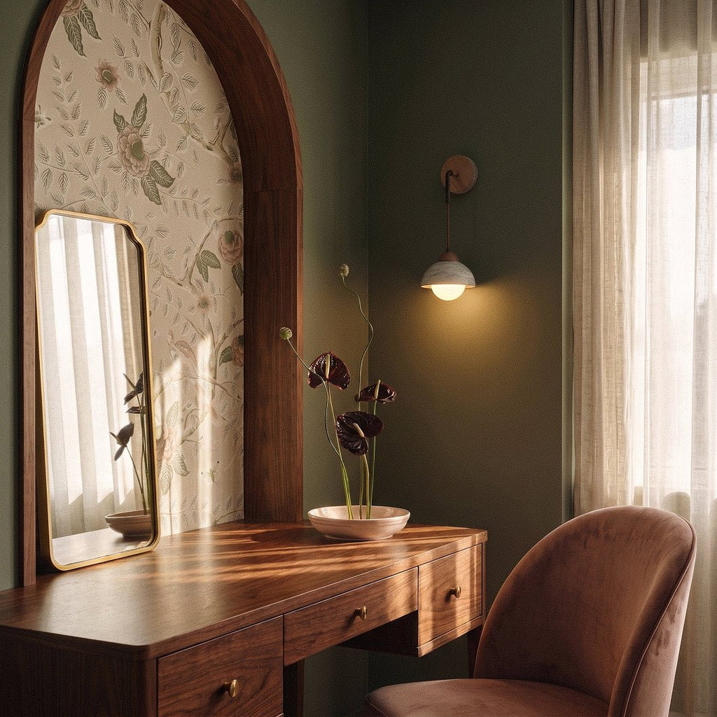 Clérachic travertine dome wall lamp glowing warm beside a walnut dressing table and arched mirror on a green wall.