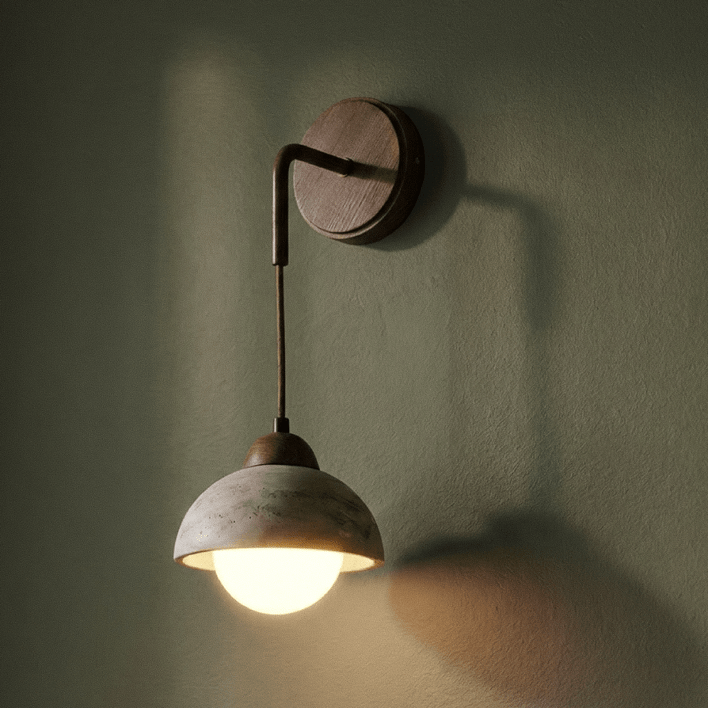 Clérachic wall lamp with a veined travertine dome shade and a glowing globe bulb, shown on a sage-green wall.