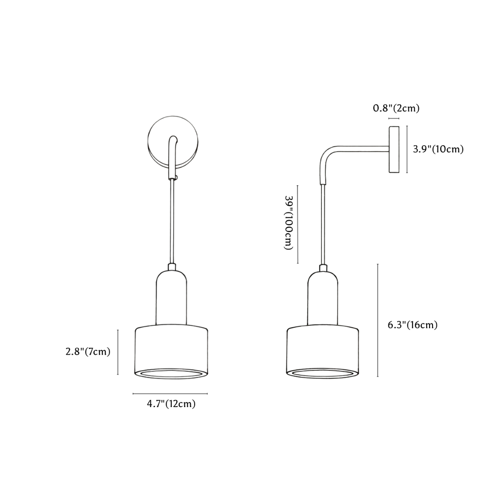 Clérachic wall light dimension drawing, 1 of 2, every measurement marked in centimetres and inches.