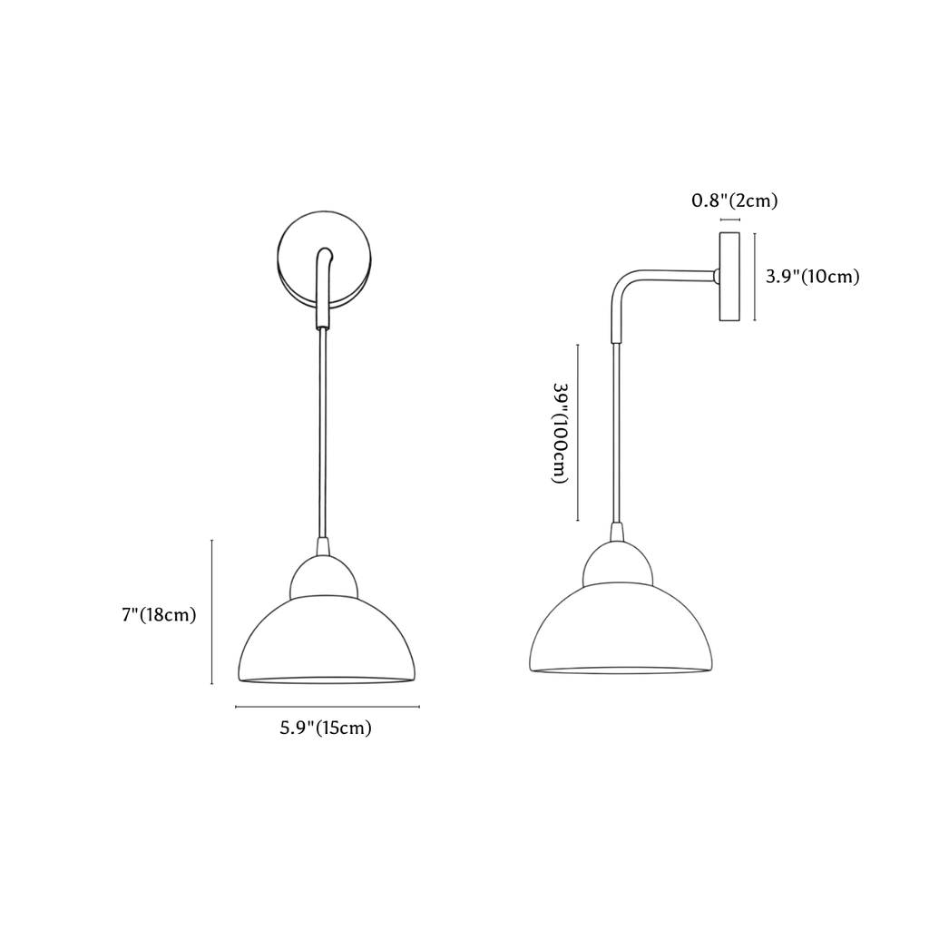 Clérachic wall light dimension drawing, 2 of 2, every measurement marked in centimetres and inches.