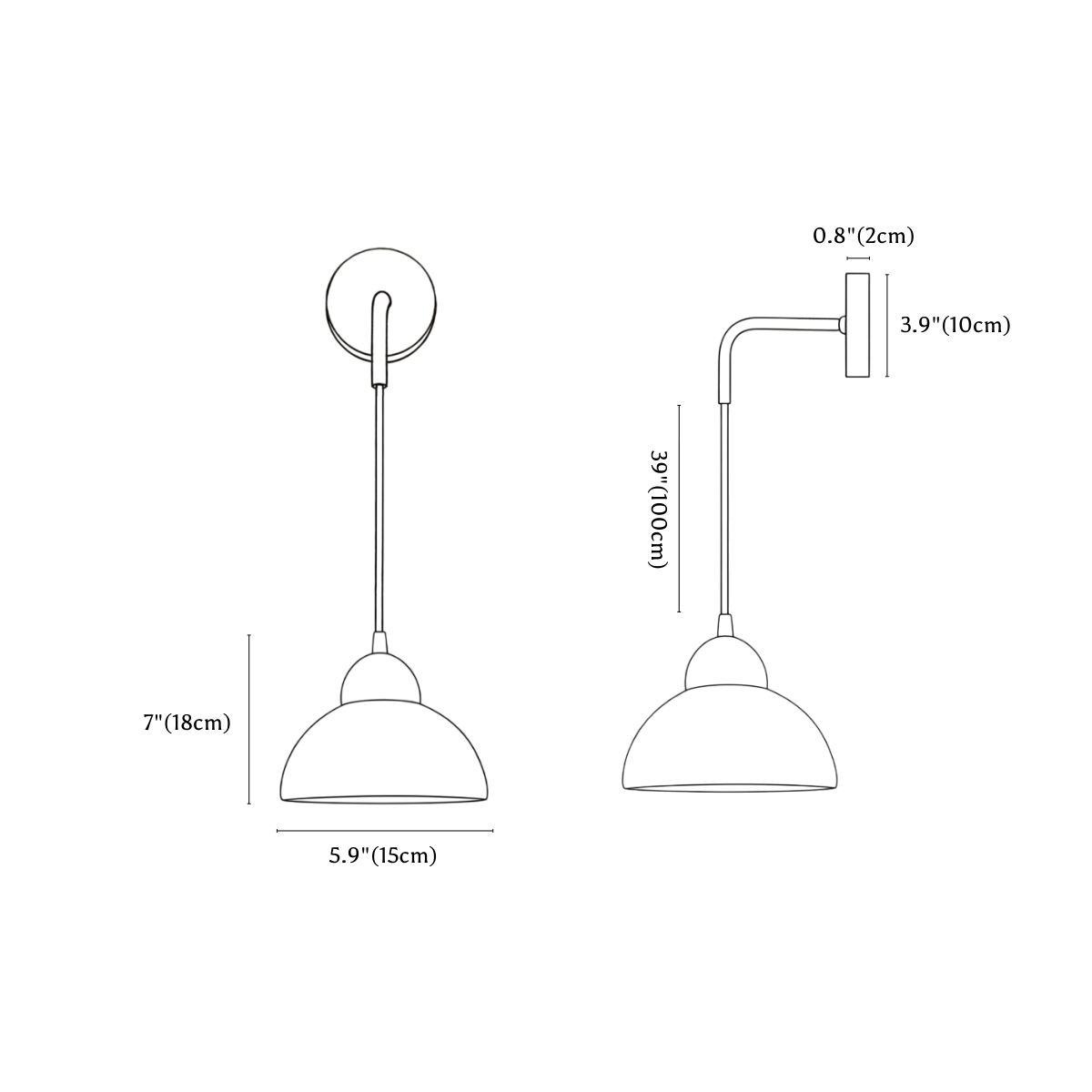 Clérachic wall light dimension drawing, 2 of 2, every measurement marked in centimetres and inches.