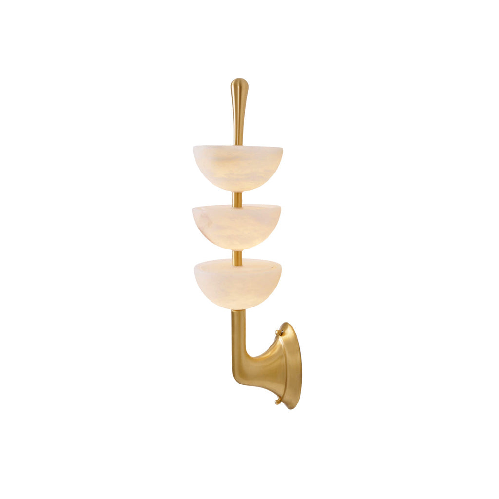 Studio view of the Clérachic triple-dome alabaster wall sconce in brass, its teardrop finial closing the top of the stacked rod.