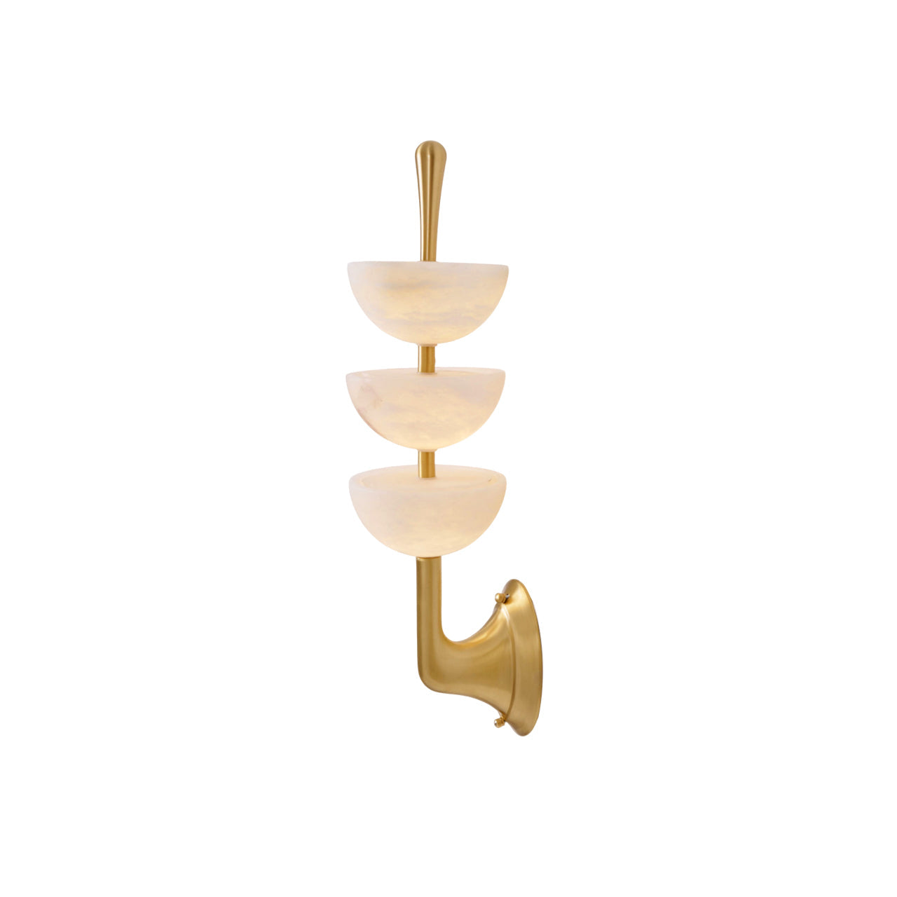 Studio view of the Clérachic triple-dome alabaster wall sconce in brass, its teardrop finial closing the top of the stacked rod.
