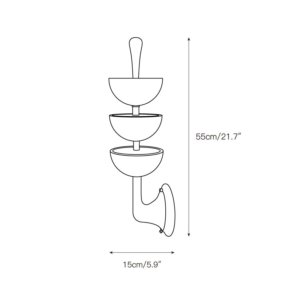 Dimension drawing for the Clérachic triple-dome alabaster wall sconce, 55cm/21.7″ tall and 15cm/5.9″ wide.
