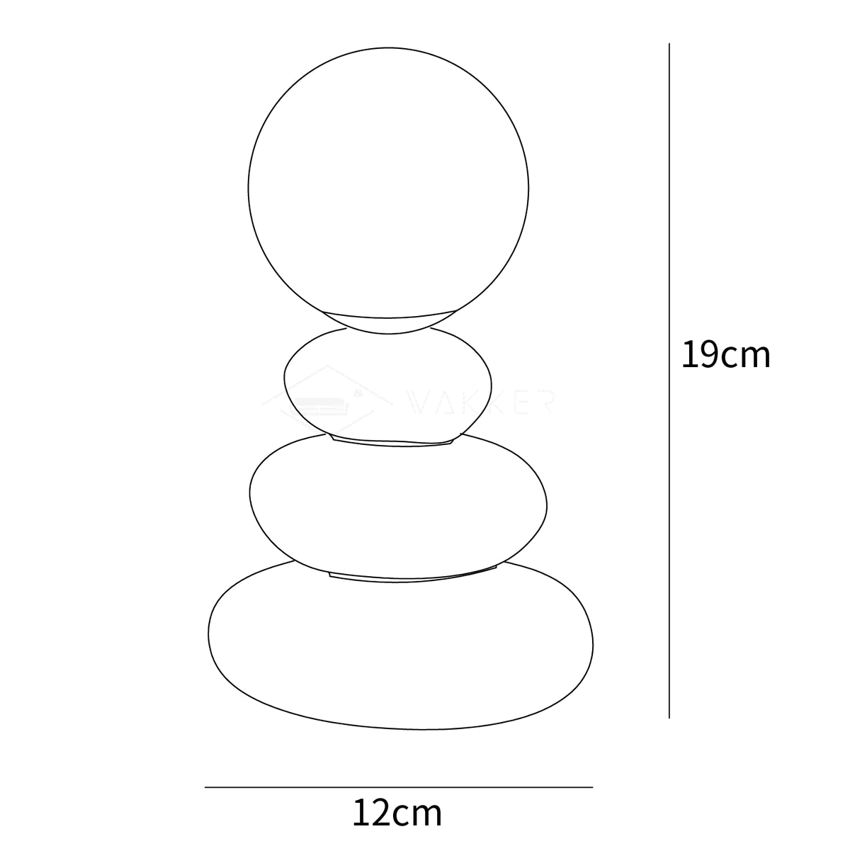 Clérachic table lamp dimension drawing, every measurement marked in centimetres and inches.
