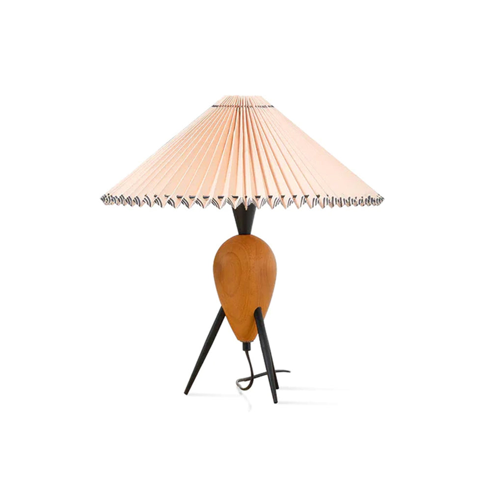 Front view of a Clérachic table lamp on white, showing the black tripod legs, wood teardrop base and trailing black cord.