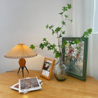 A Clérachic table lamp on a honey-coloured wood table, with a framed photo, a glass vase of green sprigs and magazines.