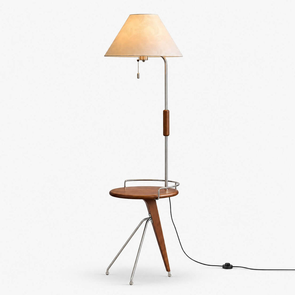Clérachic floor lamp with a beige fabric shade, a walnut tray table and a slim tripod base, shown on a white backdrop.