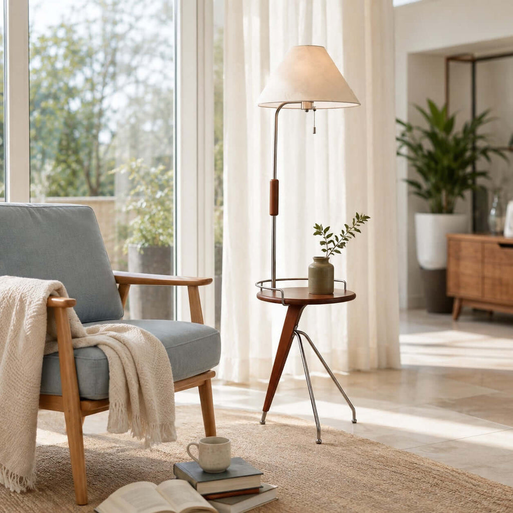 Shown here, a Clérachic floor lamp with a tray table holding a small vase, beside a blue-grey armchair and sheer curtains.