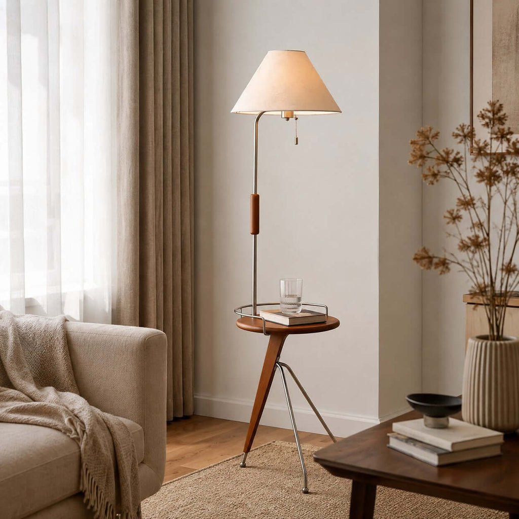 Tray of this Clérachic floor lamp holding a glass and a book, next to a cream sofa and a vase of dried stems.