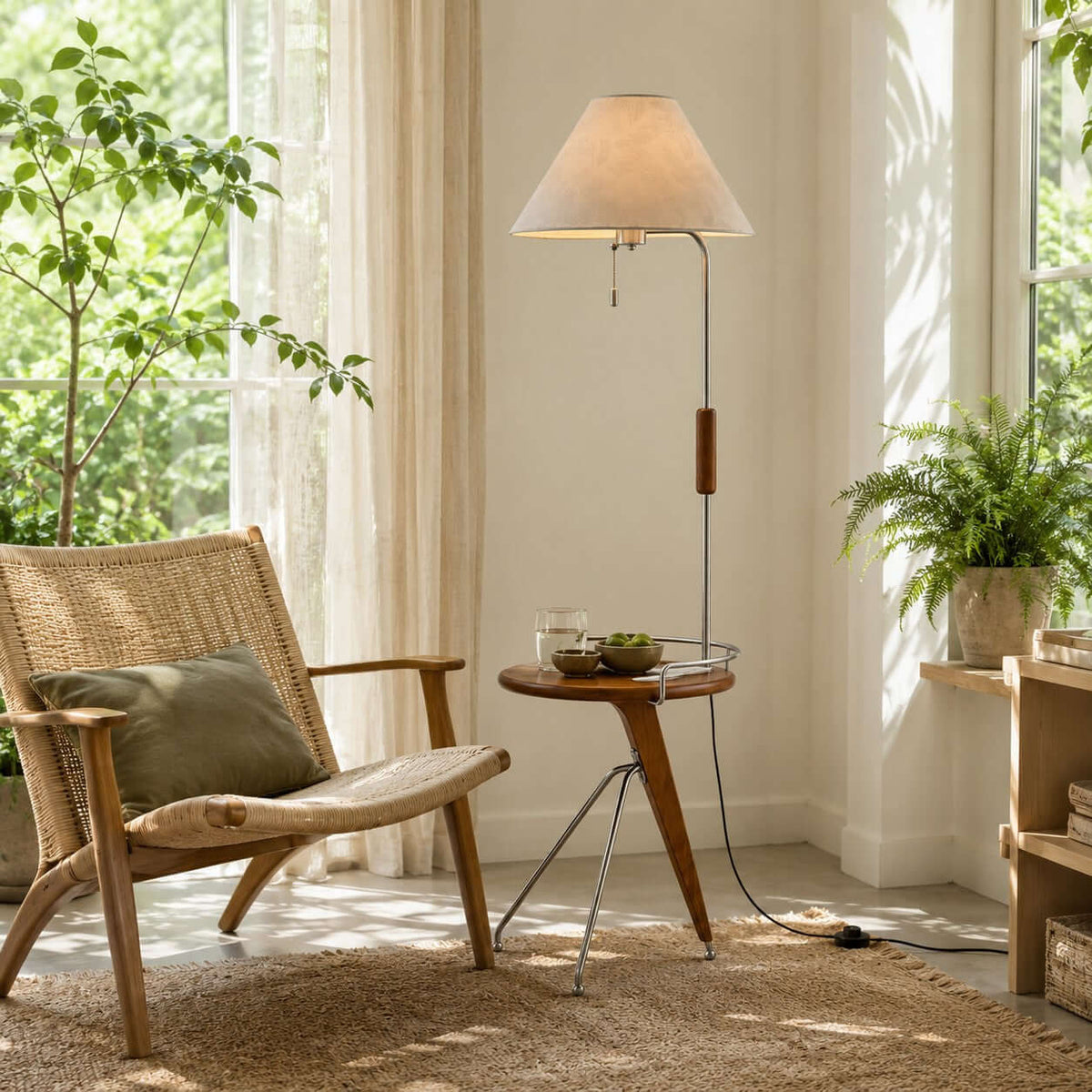 Pictured here, a Clérachic floor lamp with a tray table in a bright corner, with a woven chair, a fern and tall sheer curtains.