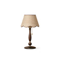 Side-angle studio view of the shade, turned walnut stem, brass collar and round base, on a white backdrop; a Clérachic table lamp.