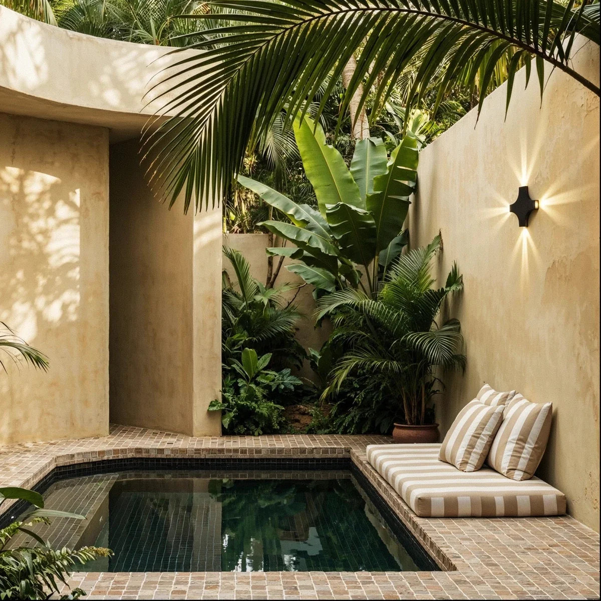 Beside a tiled plunge pool, the cross-shaped Clérachic outdoor wall light glows warmly among tropical palms.