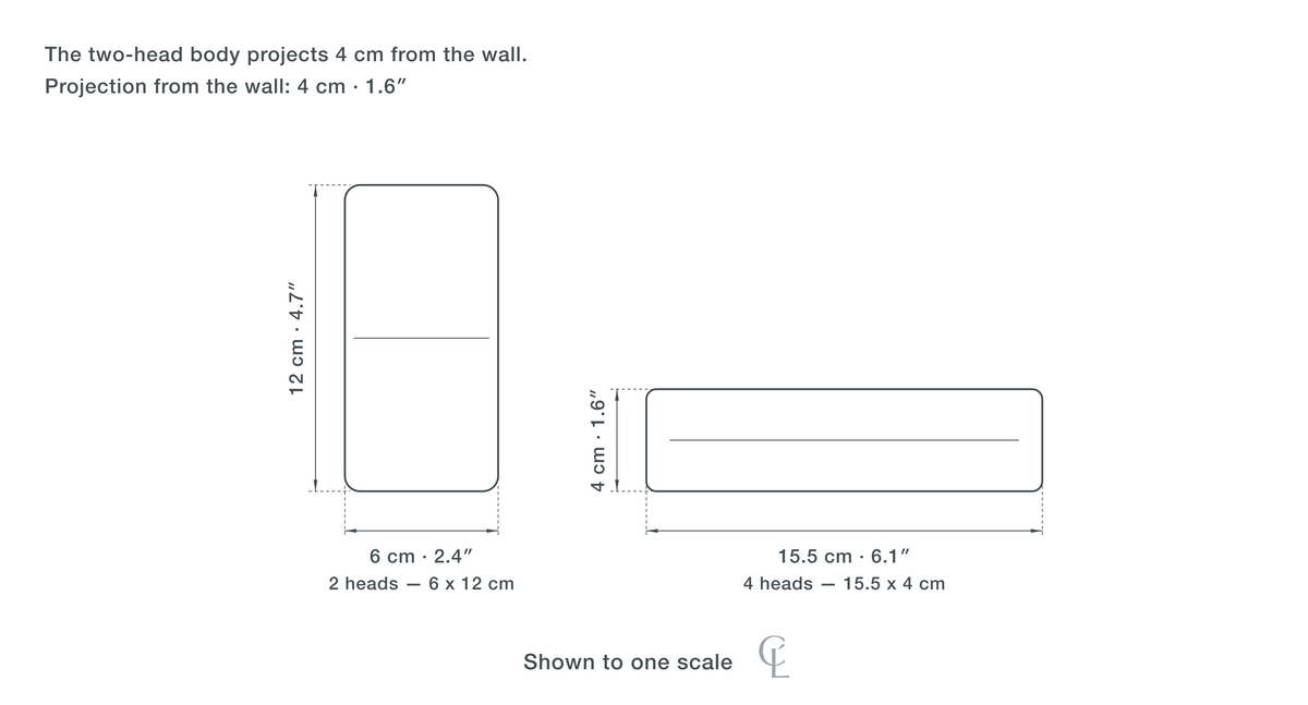 Technical dimension drawing of the Clérachic Twin Beam Outdoor Wall Light for Porch, Aluminium, IP65 in all 2 sizes — 2 heads at 6 × 12 cm (2.4 × 4.7″), 4 heads at 15.5 × 4 cm (6.1 × 1.6″), drawn to one scale.