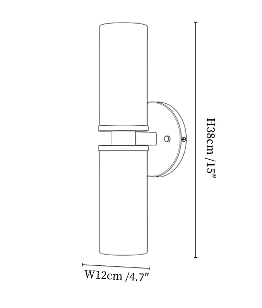 Clérachic wall light dimension drawing, every measurement marked in centimetres and inches.