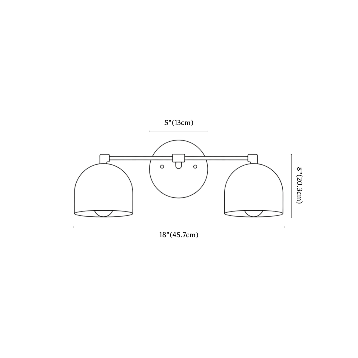 Clérachic wall light dimension drawing, every measurement marked in centimetres and inches.