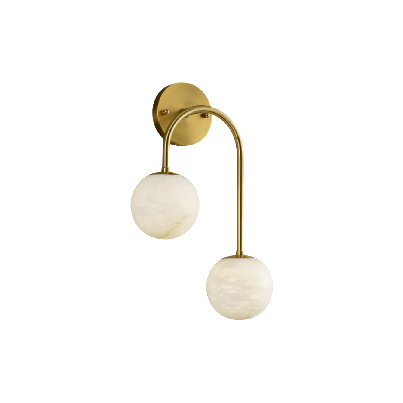 Clérachic Two-Globe Alabaster Wall Sconce in brass on a white background, showing the full arc from wall plate down to the lower globe.