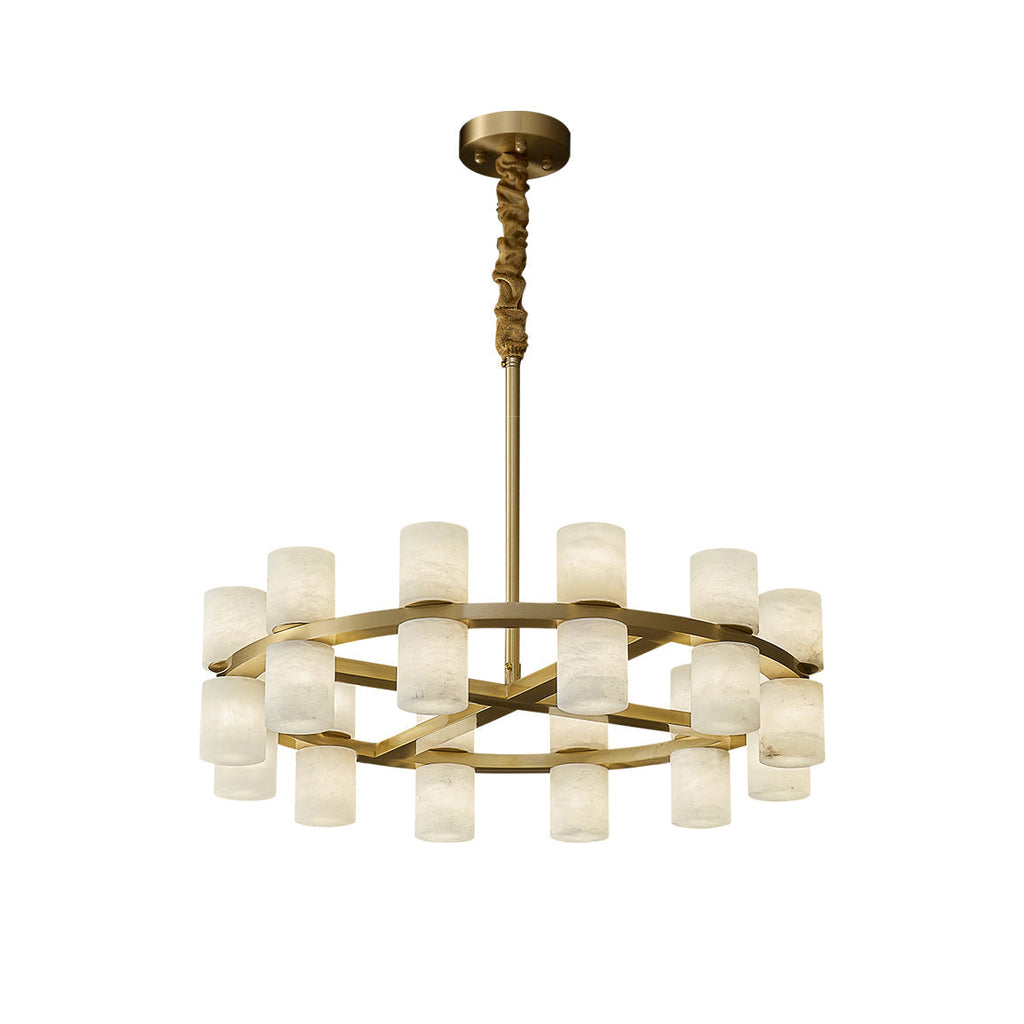 Clérachic Two-Ring Chandelier on white, its alabaster cylinders ringed in brass beneath a velvet-wrapped rod.