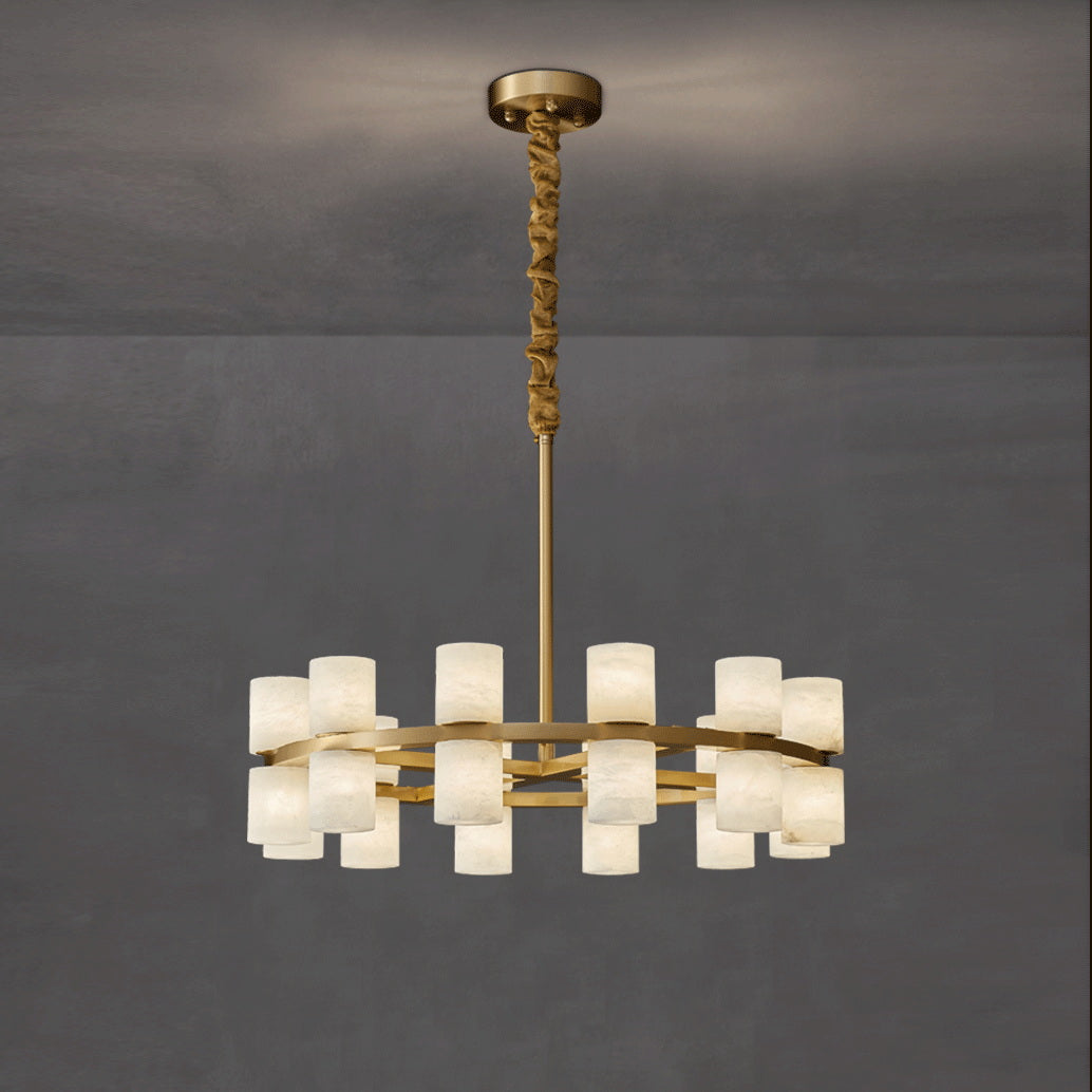 Clérachic Two-Ring Chandelier viewed from the side on a grey wall, the two brass rings staggering shades up and down.