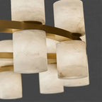 Detail of the Clérachic Two-Ring Chandelier's alabaster cylinders, each cut from stone with its own soft grey clouding.