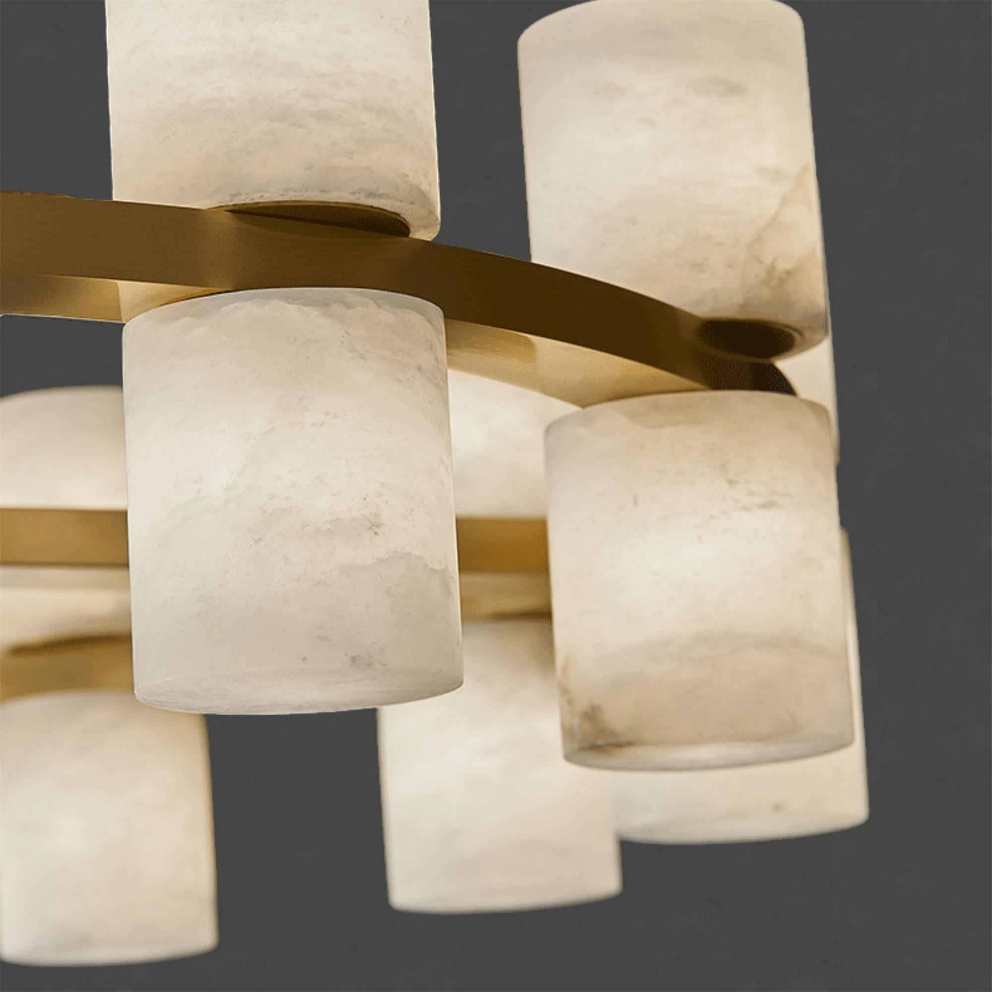 Detail of the Clérachic Two-Ring Chandelier's alabaster cylinders, each cut from stone with its own soft grey clouding.