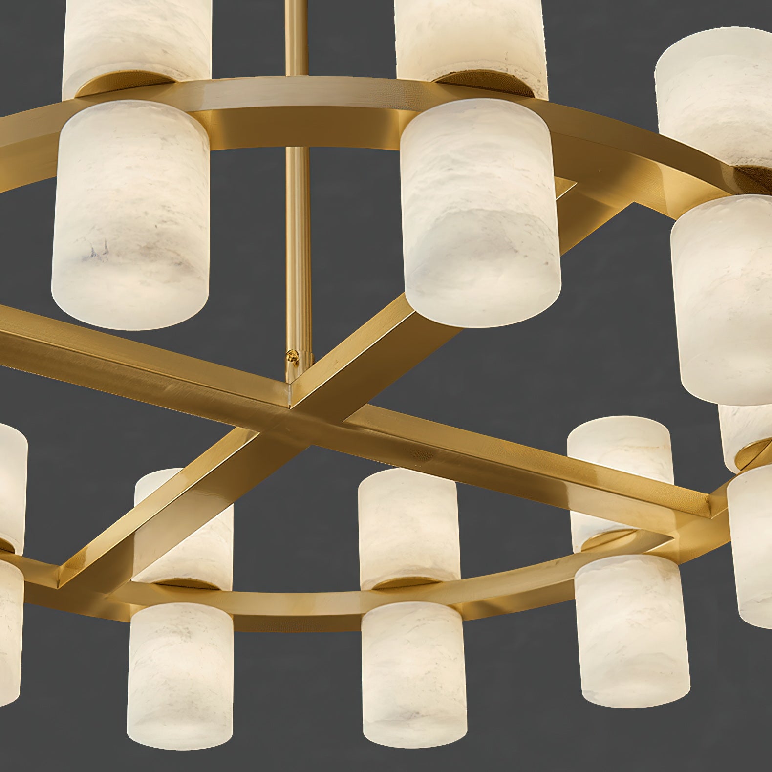 Underside of the Clérachic Two-Ring Chandelier, showing the flat brass straps crossing into the small central hub.