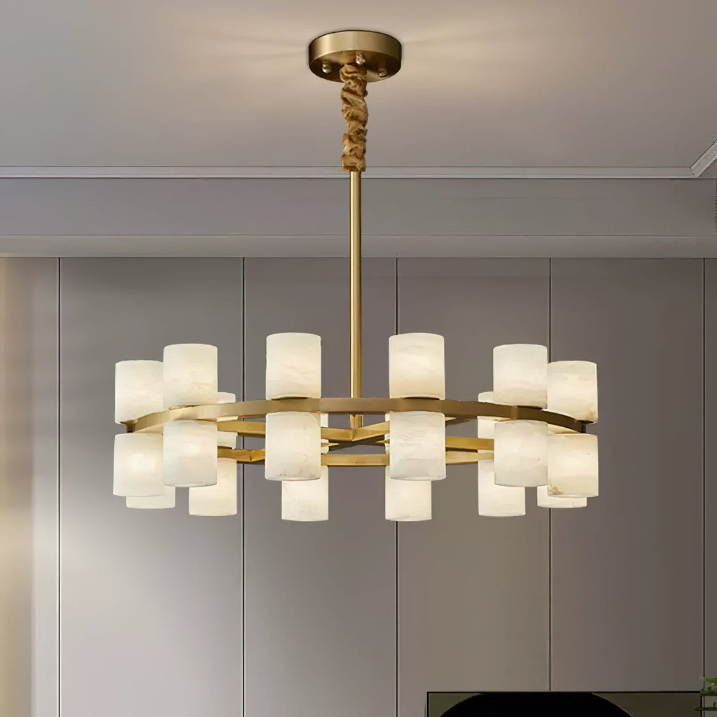 Clérachic Two-Ring Chandelier lit in a grey panelled room, twenty-four shades glowing softly at once.