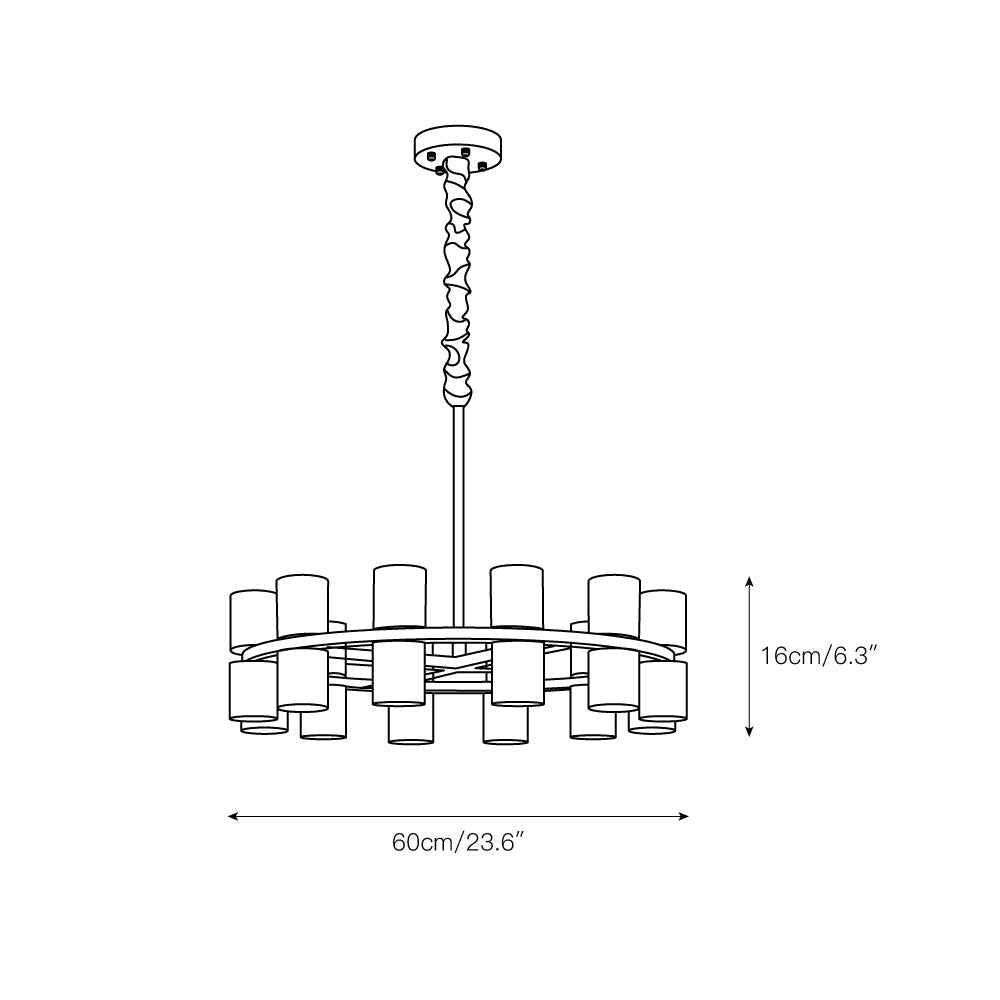 Dimension drawing for the Clérachic Two-Ring Chandelier, 60cm/23.6″ across and 16cm/6.3″ tall.