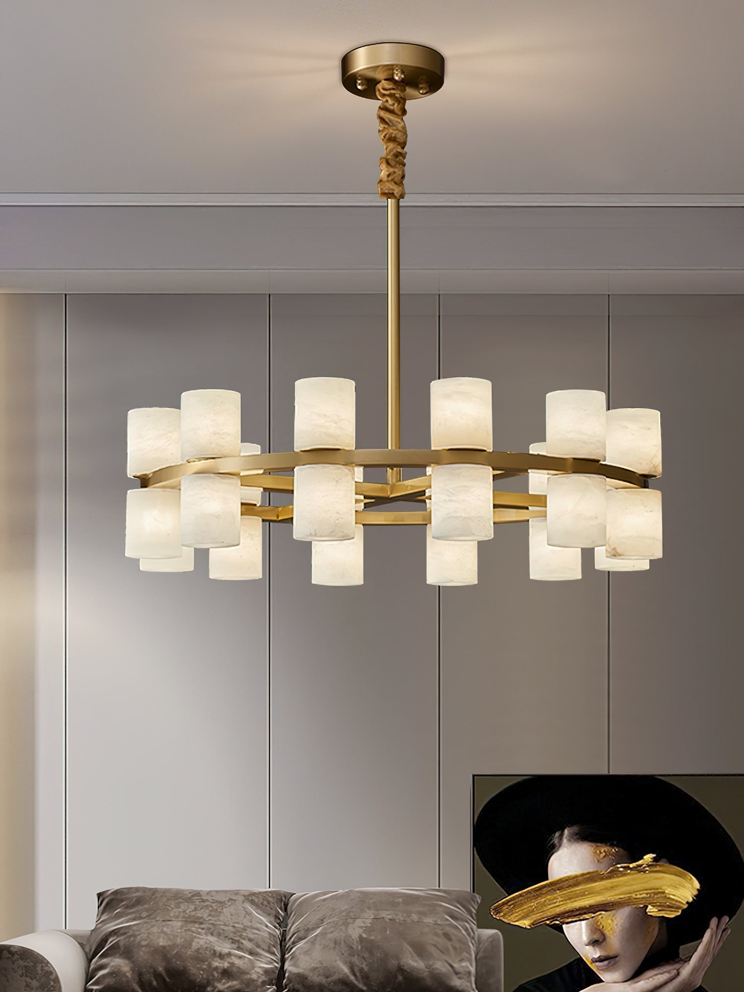 The Clérachic Two-Ring Chandelier seen from below in a panelled living room, both rings of shades softly alight.