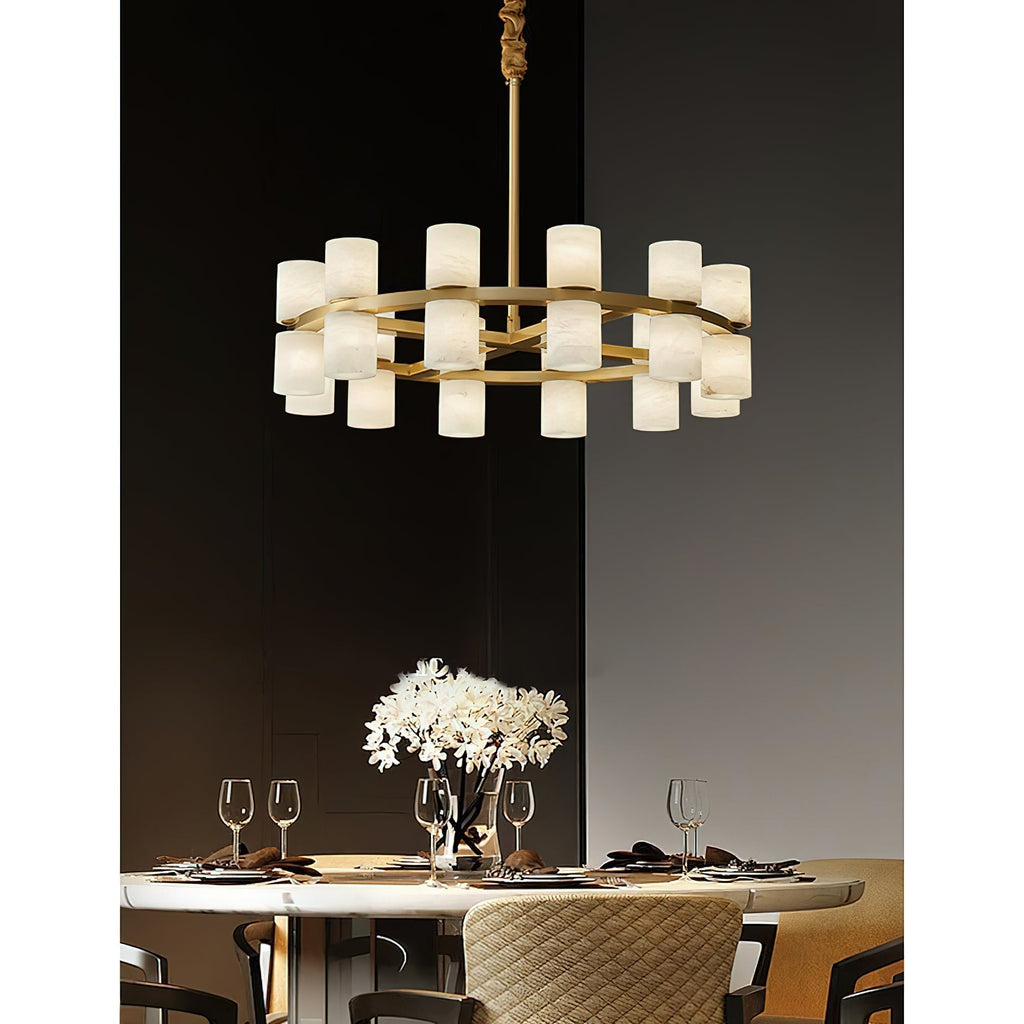 Clérachic Two-Ring Chandelier lighting a set dining table, twenty-four shades spreading light across the place settings.
