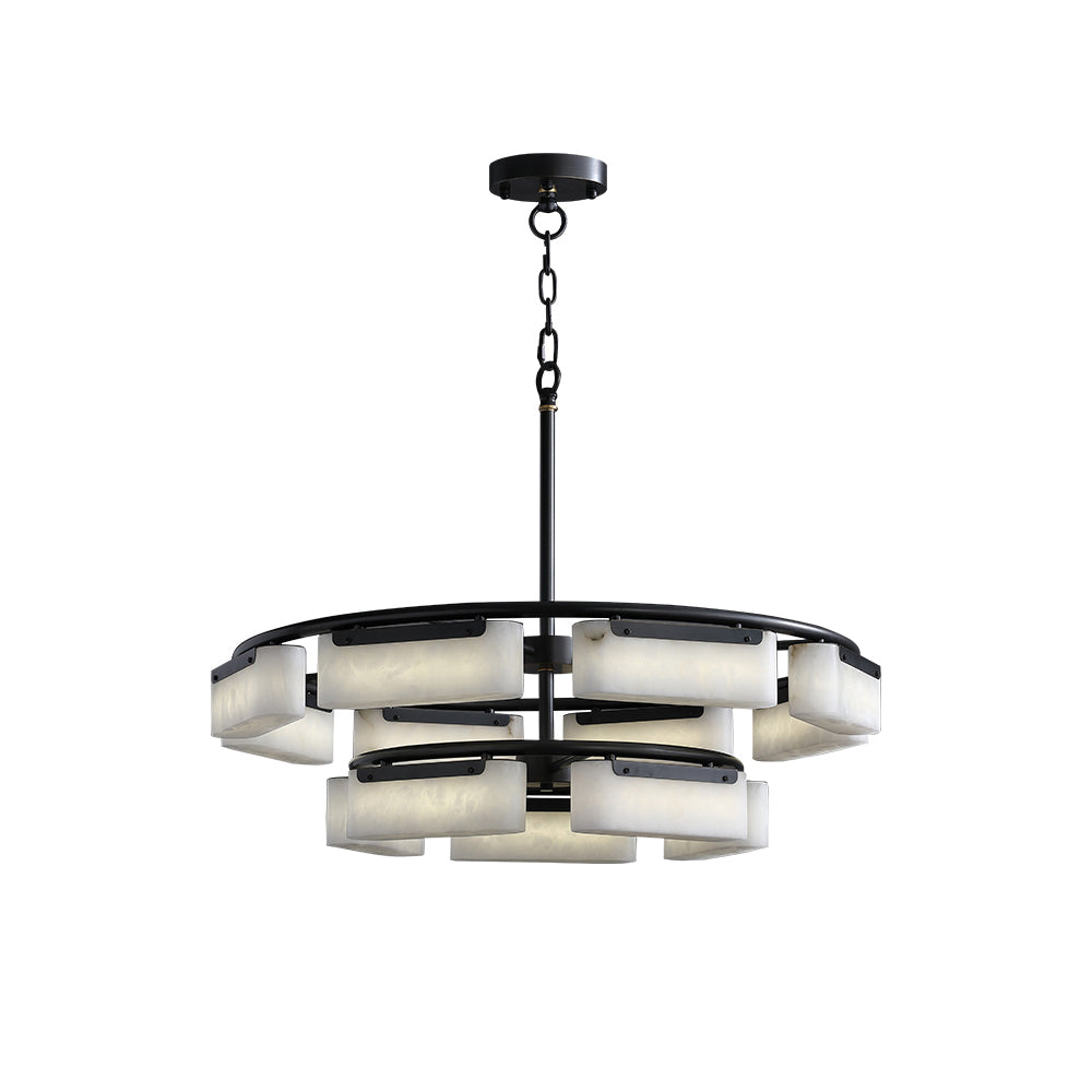The Clérachic Two-Tier Alabaster Ring Chandelier from the front, its chain, stem and brass collar dropping to two offset black rings.