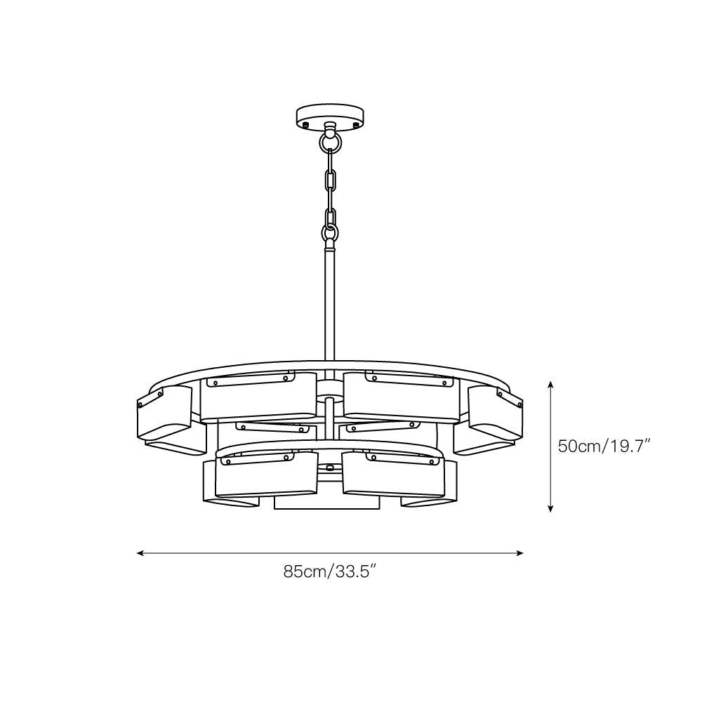 Dimension drawing for the Clérachic two-tier alabaster ring chandelier, 85 cm (33.5″) across and 50 cm (19.7″) high.