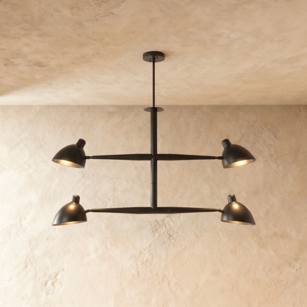 Clérachic chandelier in matte black, four cone shades on a crossbar frame beneath a plaster ceiling.