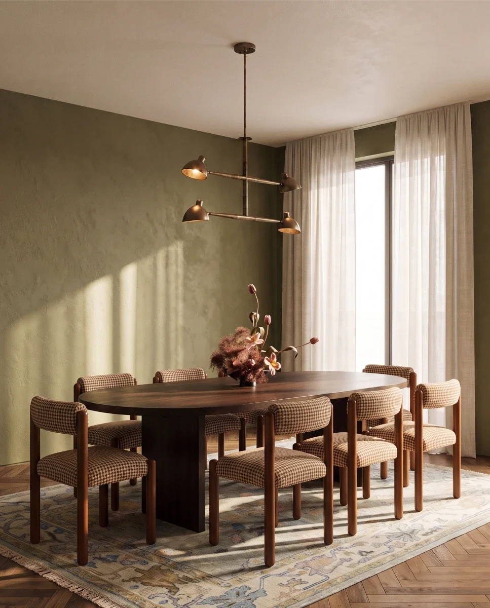 This Clérachic chandelier in vintage brass above an oval table in an olive-walled dining room.